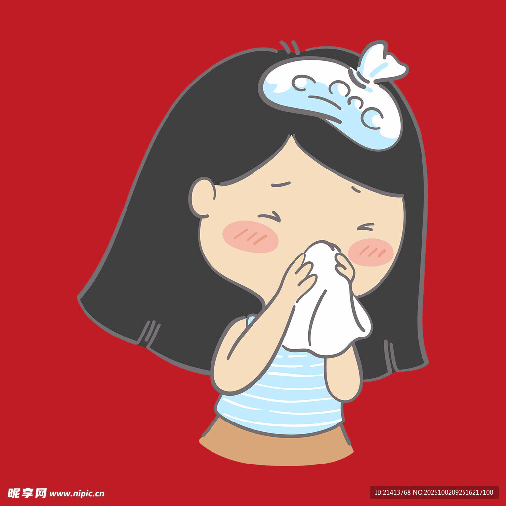 女孩生病擤鼻涕