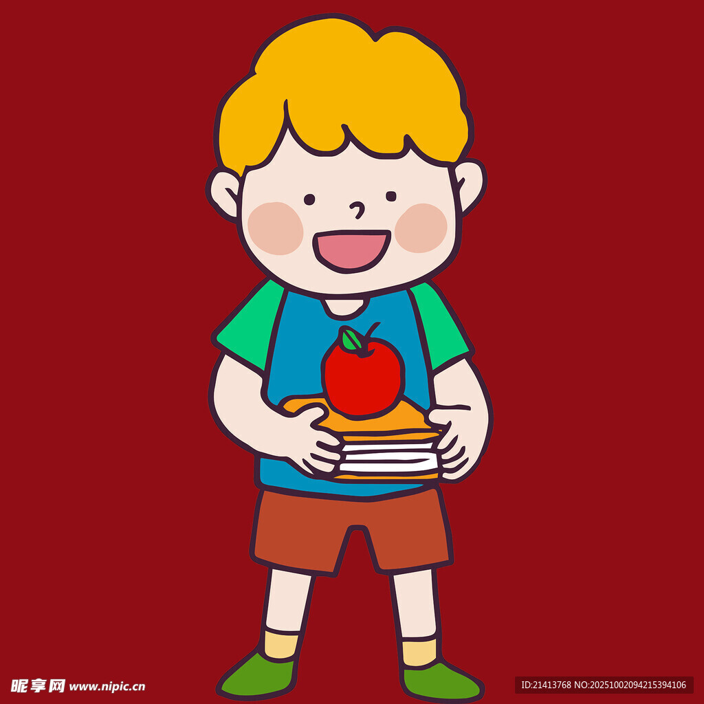 抱著蘋果書本的快樂男孩