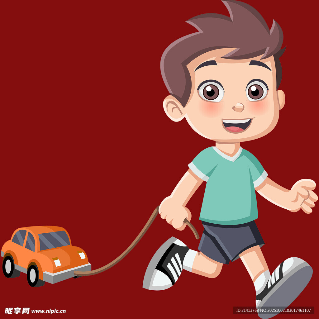 小男孩開心拉著玩具車