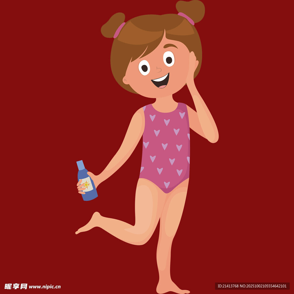 穿泳衣拿瓶的快樂小女孩