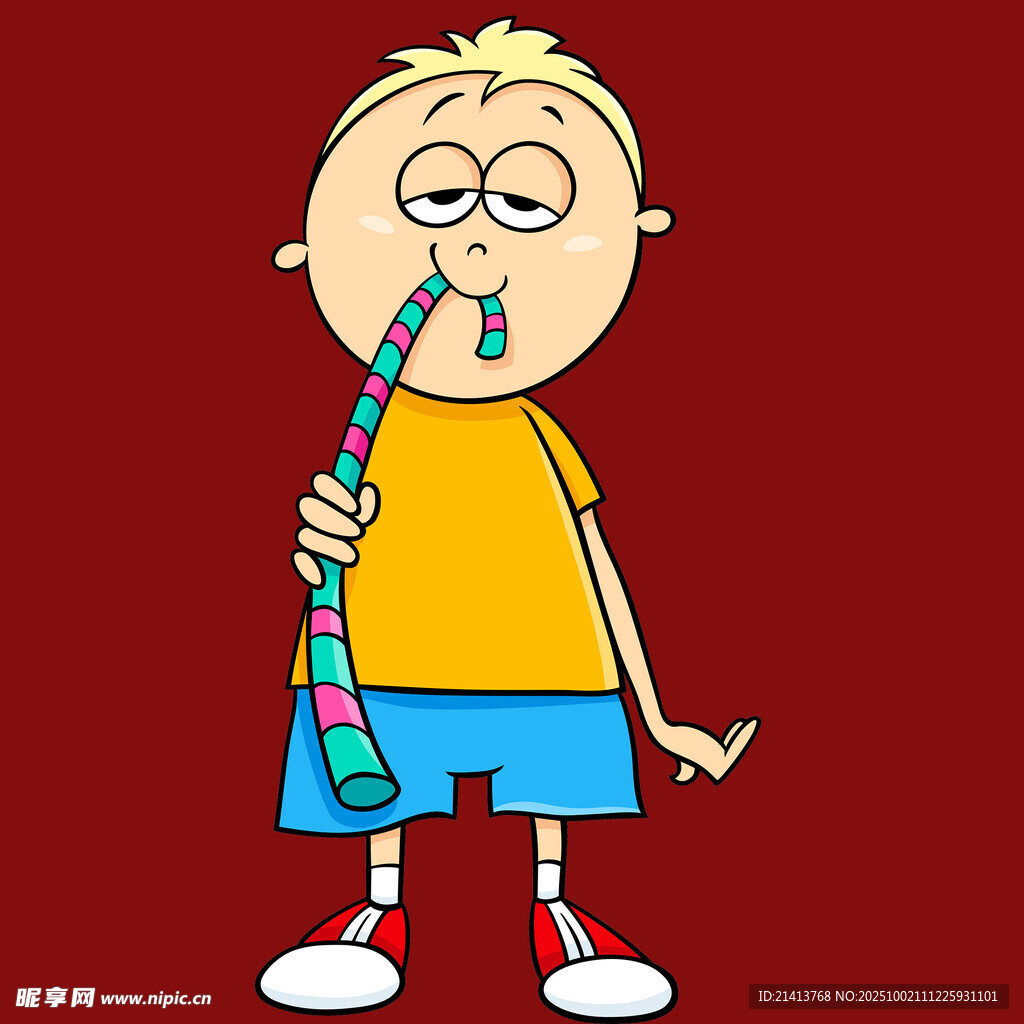 吹彩色長笛的卡通小男孩
