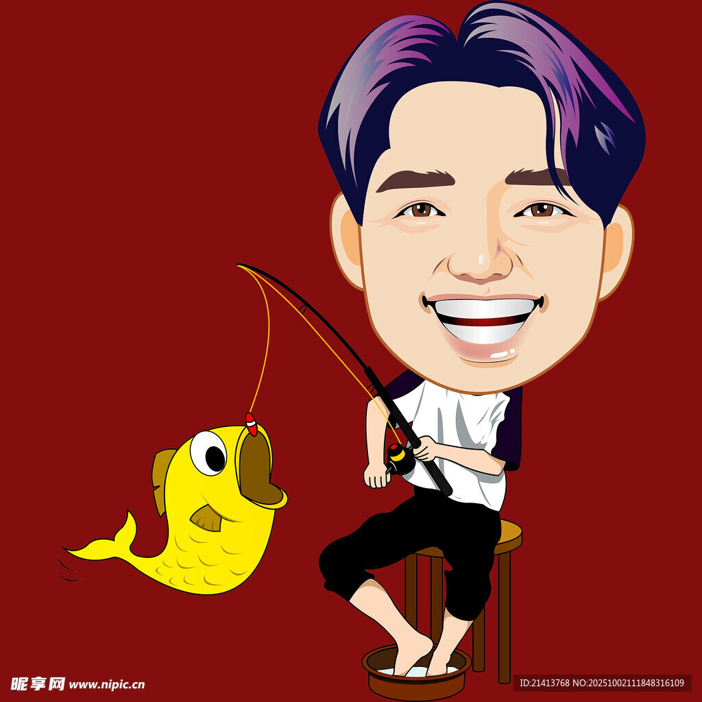 卡通男子愜意釣魚場景