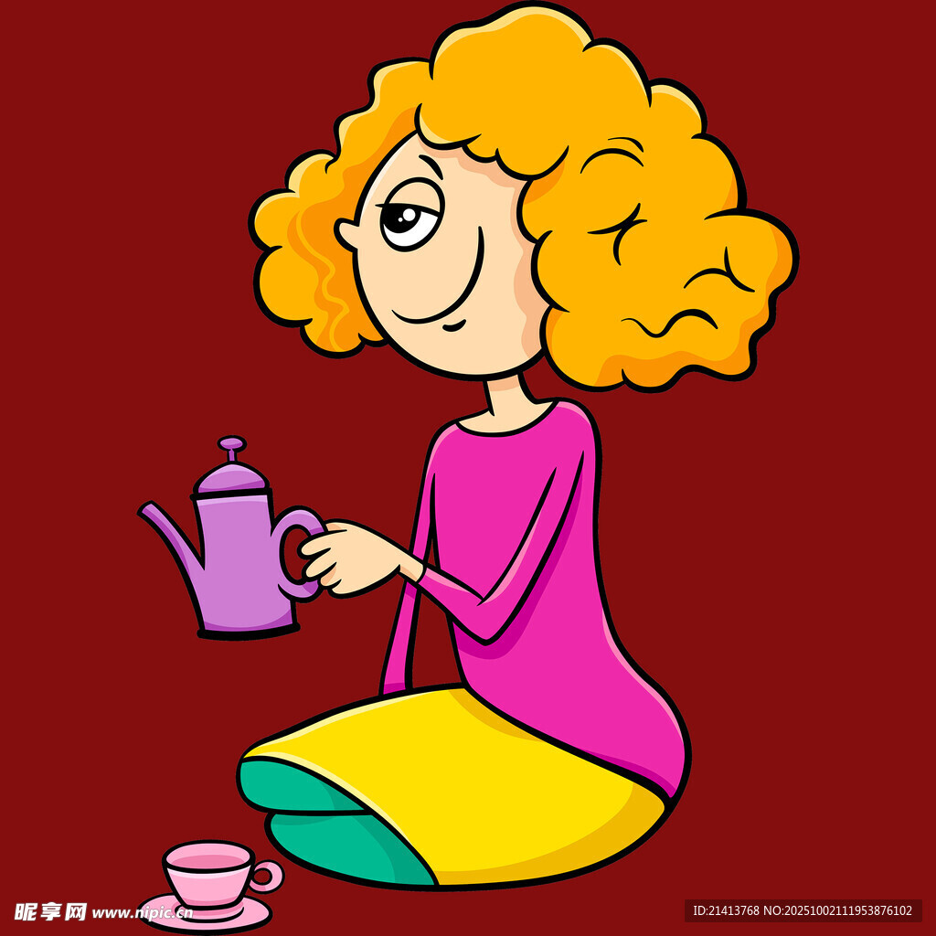 卷發(fā)女士優(yōu)雅倒茶