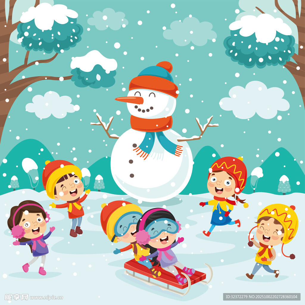 雪地中孩子們歡樂堆雪人