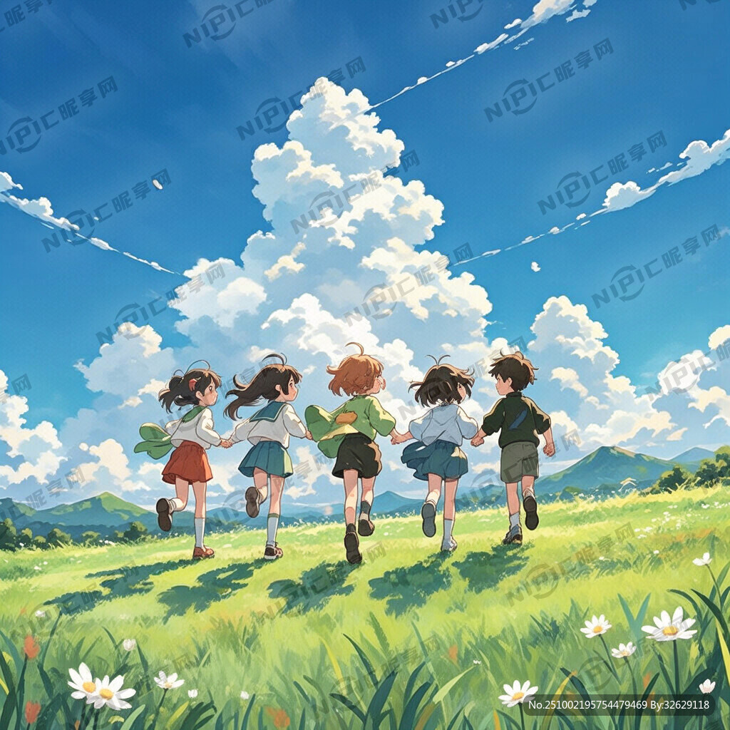 五個小朋友在藍天白云下的草地上