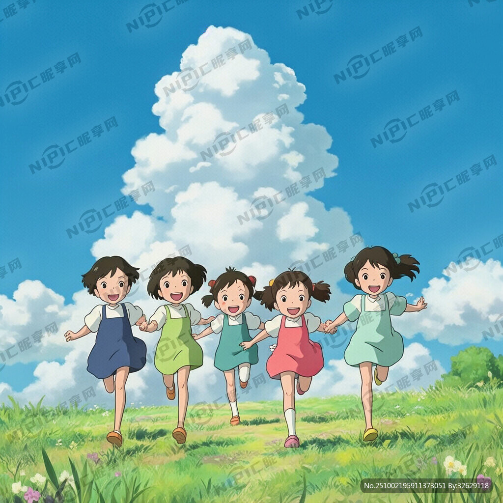 五個(gè)小朋友在藍(lán)天白云下的草地上