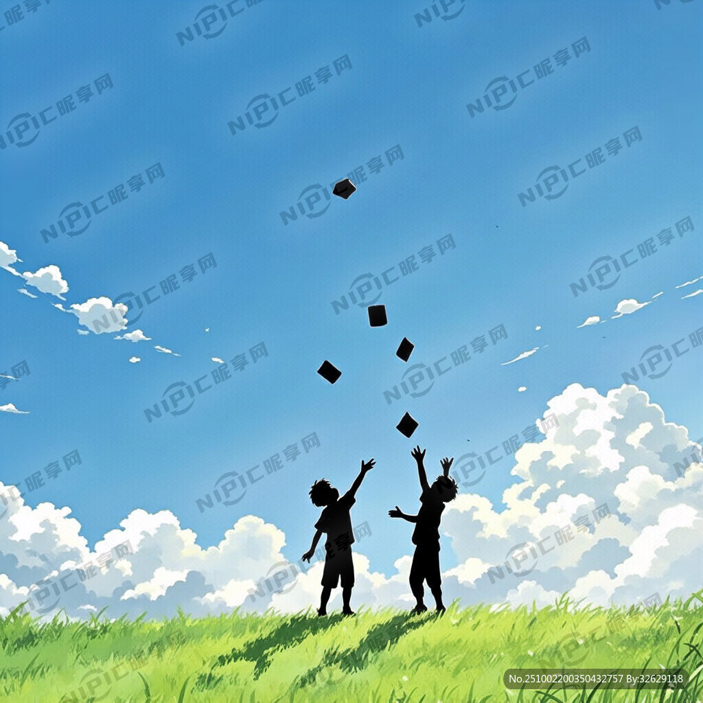 兩個小男孩站在藍天白云下的草地