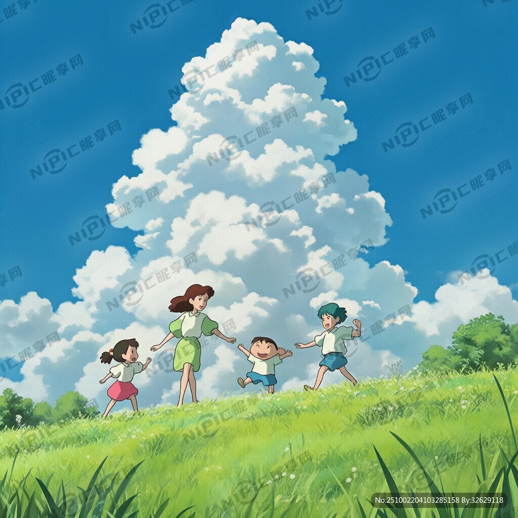 爸爸媽媽帶著兒子女兒在藍(lán)天白云