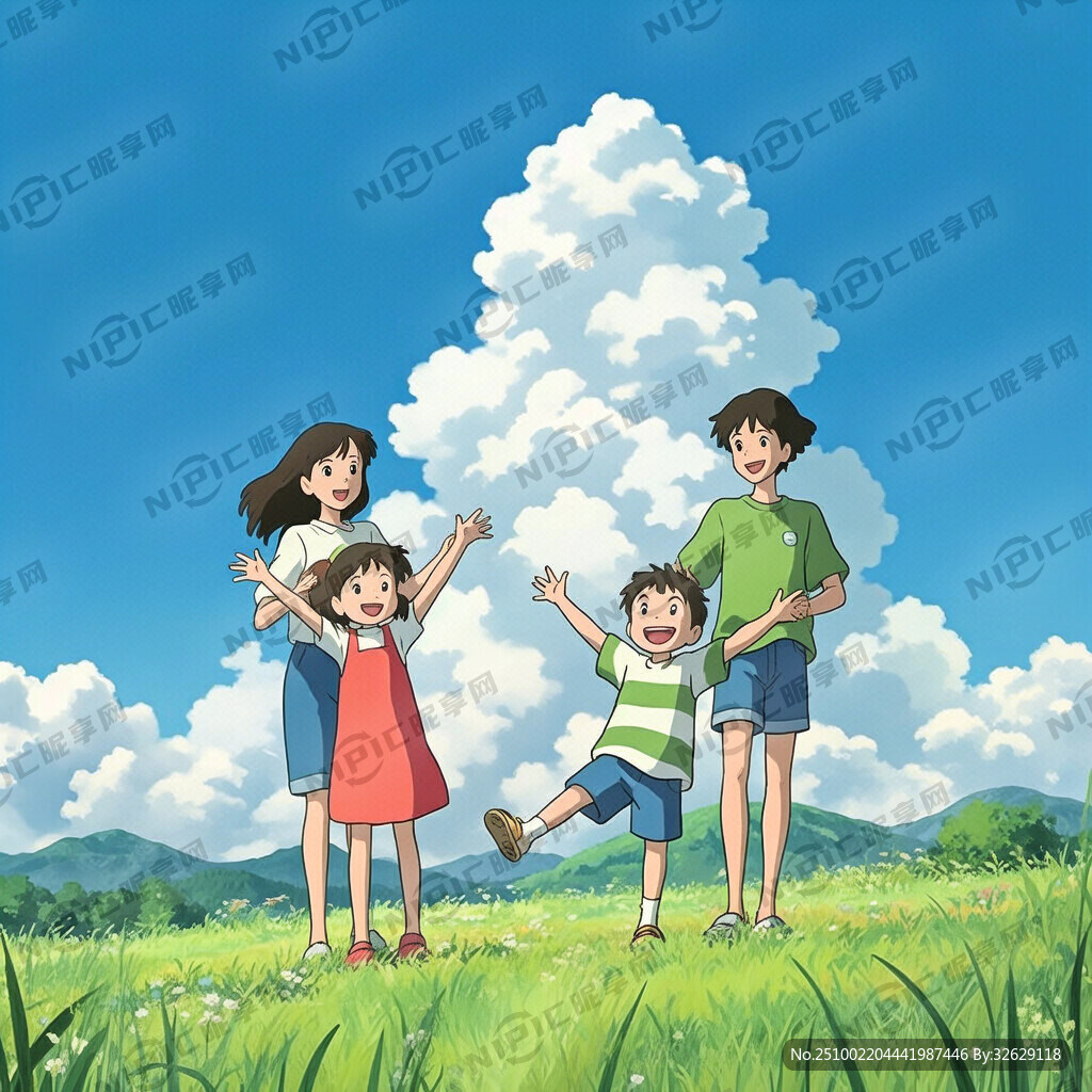 一家四口站在藍(lán)天白云下的草地上