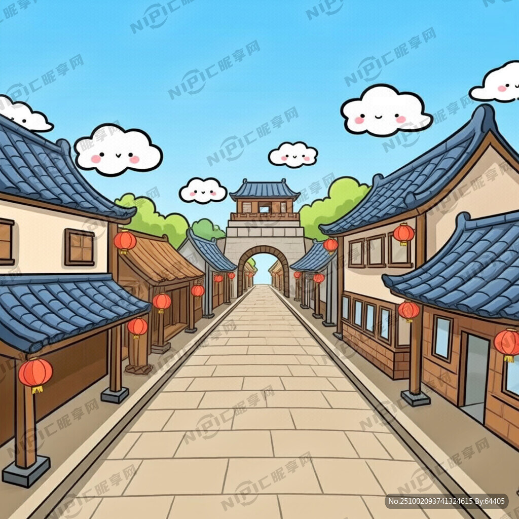 卡通古代街景 正面透視 可愛