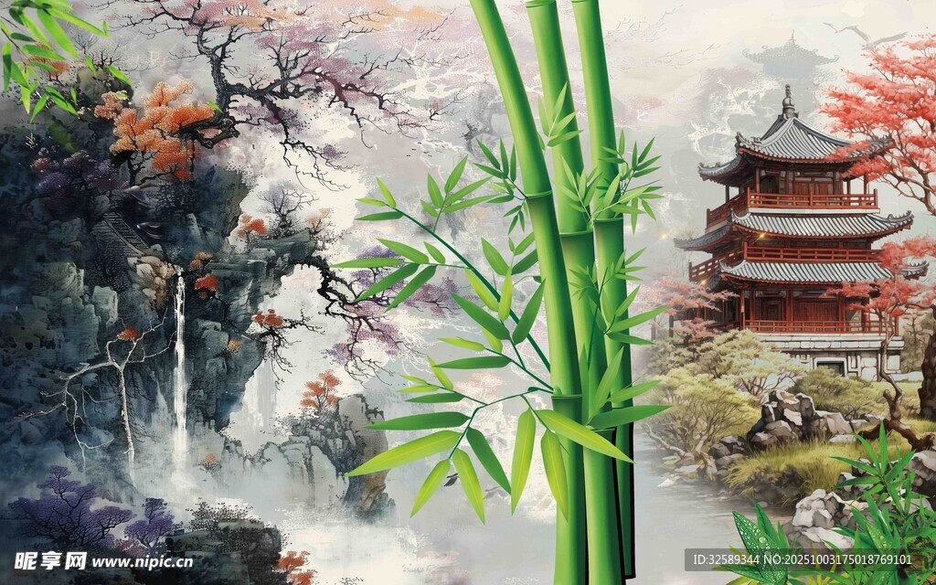 中式園林景致翠竹伴古建