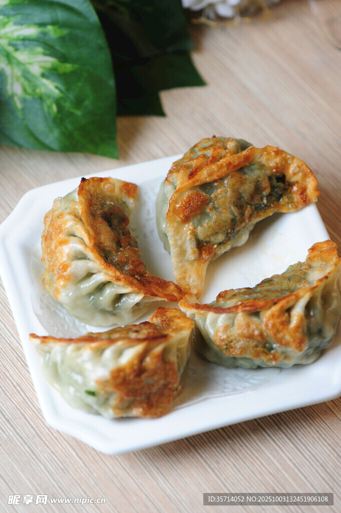 美味煎餃擺放在白色盤中