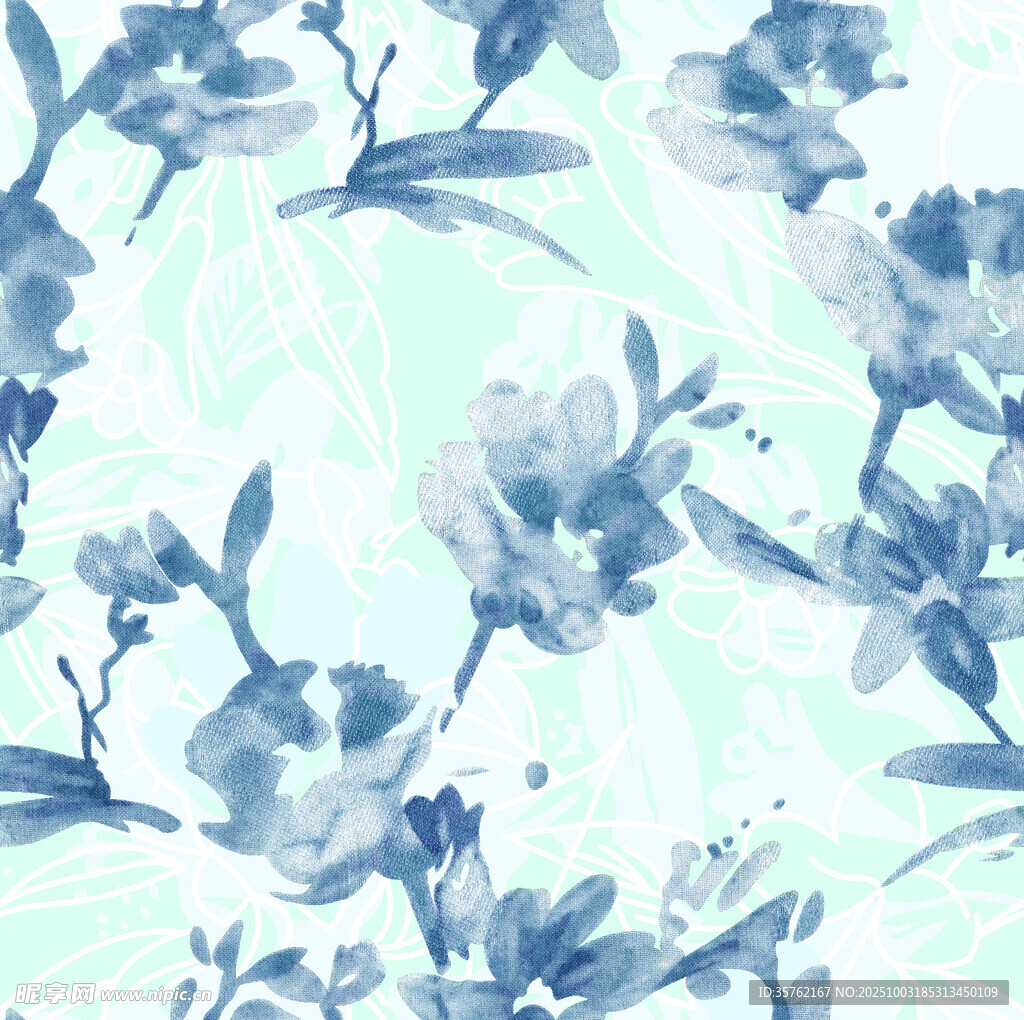 藍(lán)白花卉水彩無(wú)縫圖案