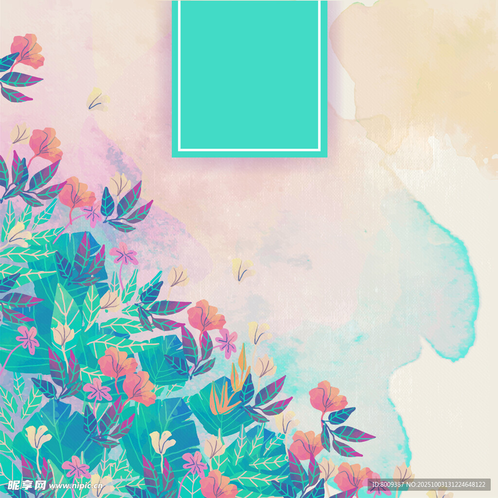 水彩花卉背景中的方形框