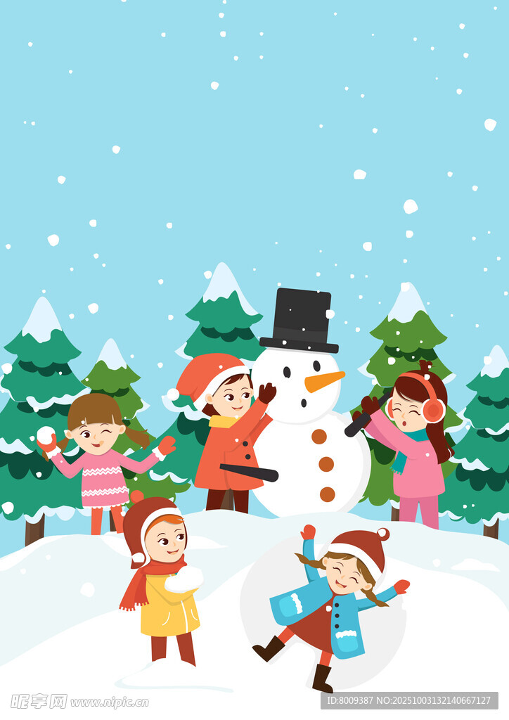 雪地中孩子們快樂堆雪人