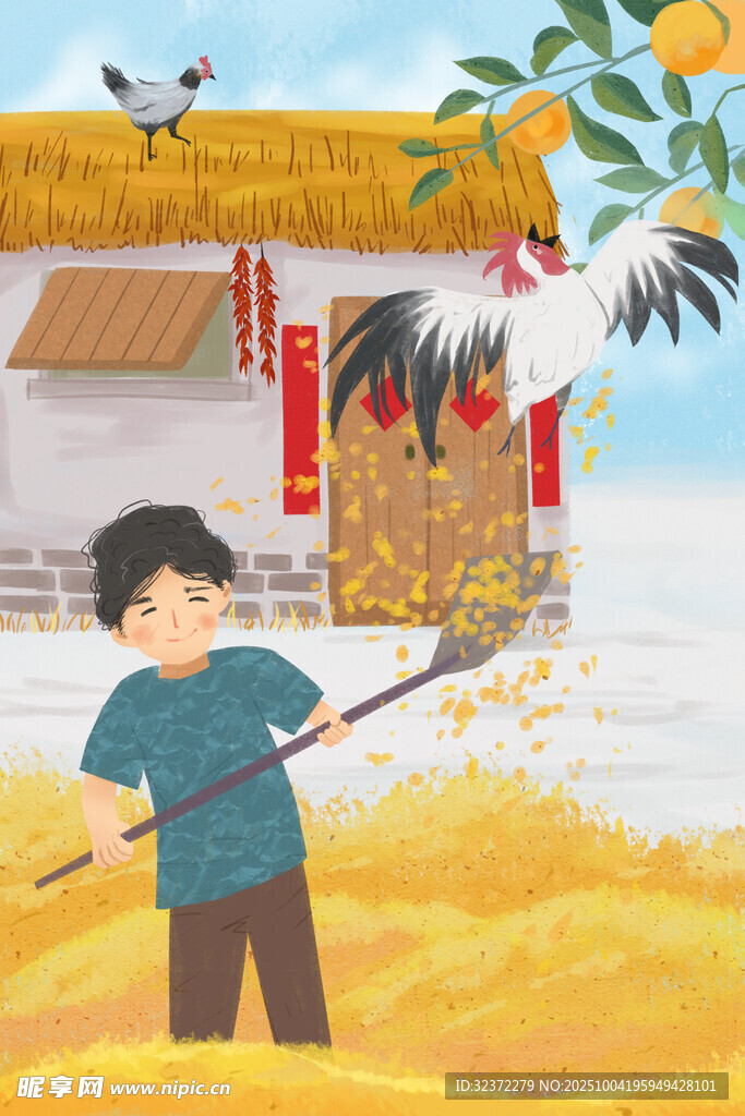 鄉(xiāng)村少年持桿稻谷間勞作