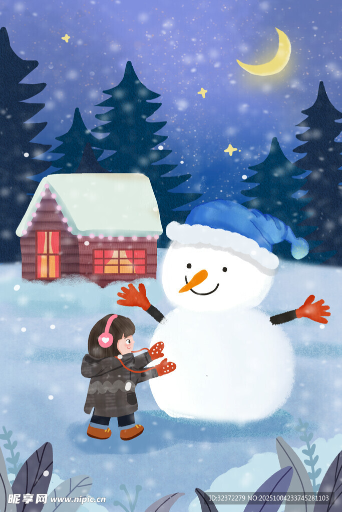 雪夜中女孩與雪人溫馨相伴