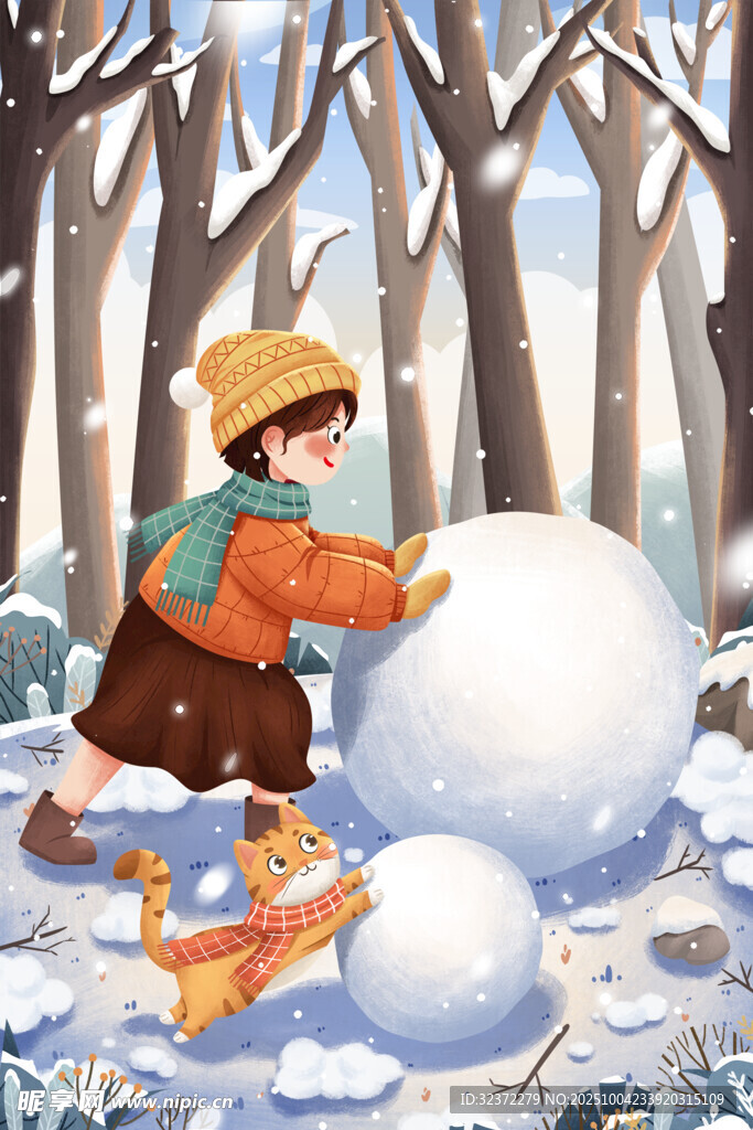 雪地中孩子專注堆雪人