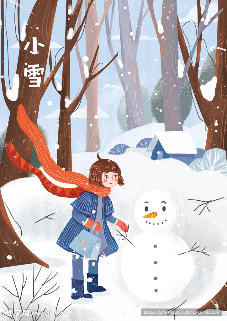 女孩雪中快樂堆雪人