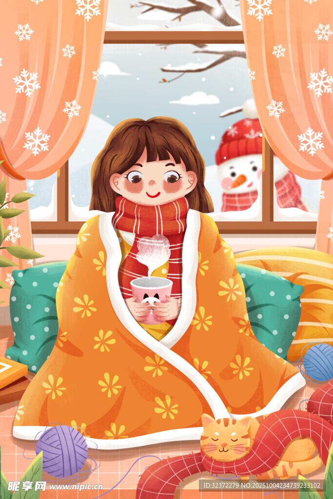冬日女孩裹毯溫馨宅家時光