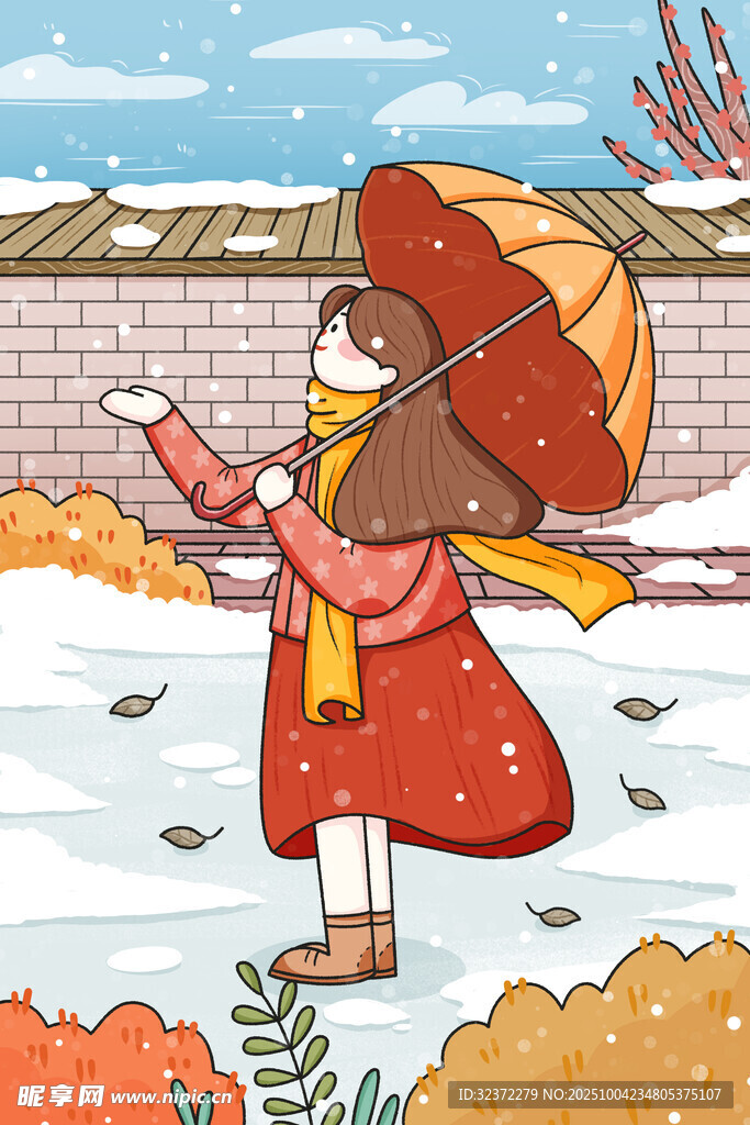 雪中撐傘漫步的紅衣女孩