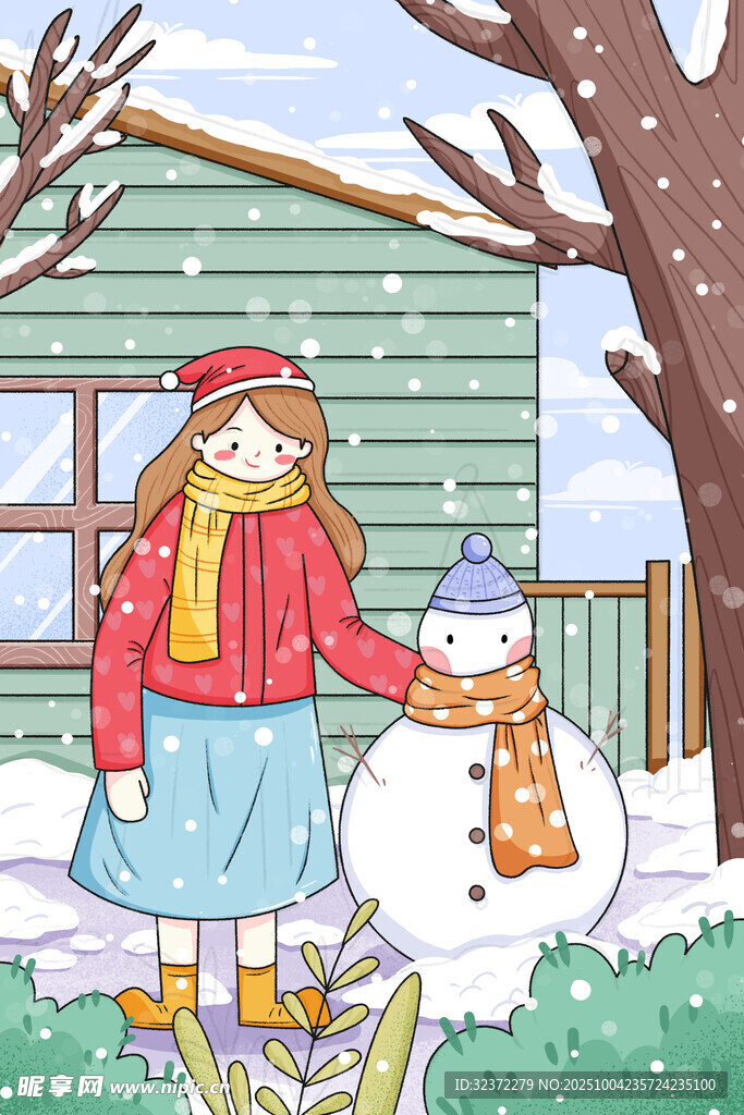 女孩與雪人在雪地中的溫馨場(chǎng)景