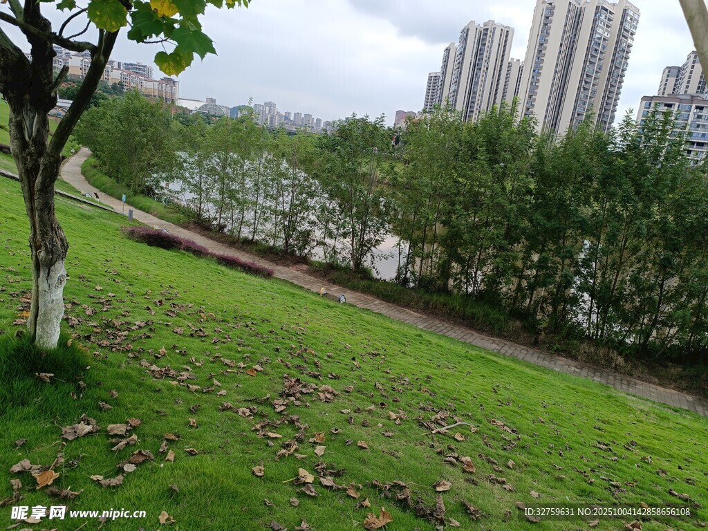 城市河畔綠意盎然景致