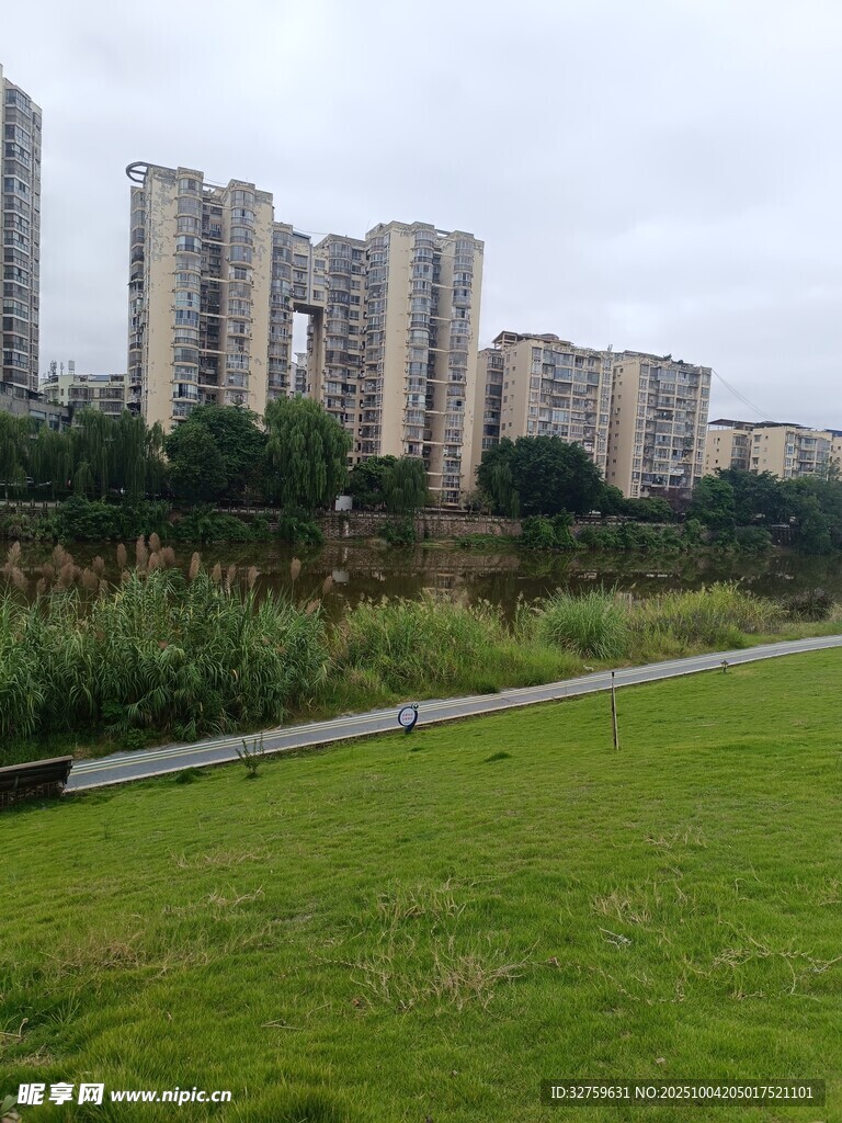 城市綠地旁的高樓景觀