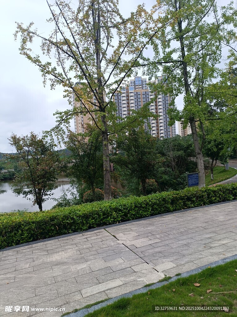 城市河畔的靜謐步道景觀