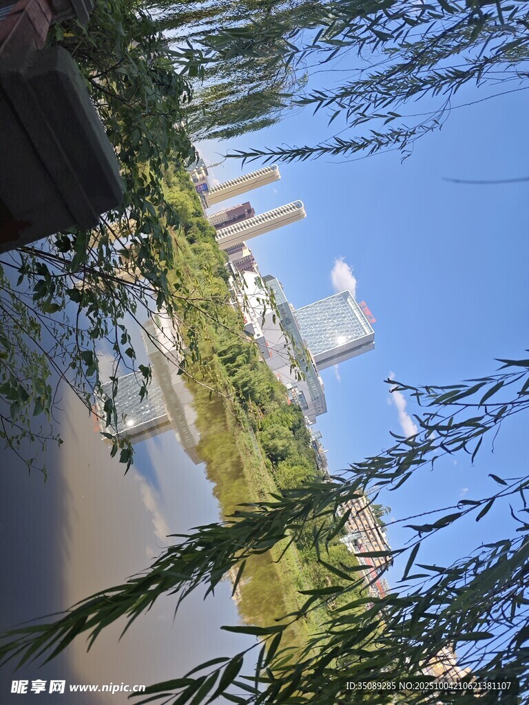 河畔垂柳映藍(lán)天美景
