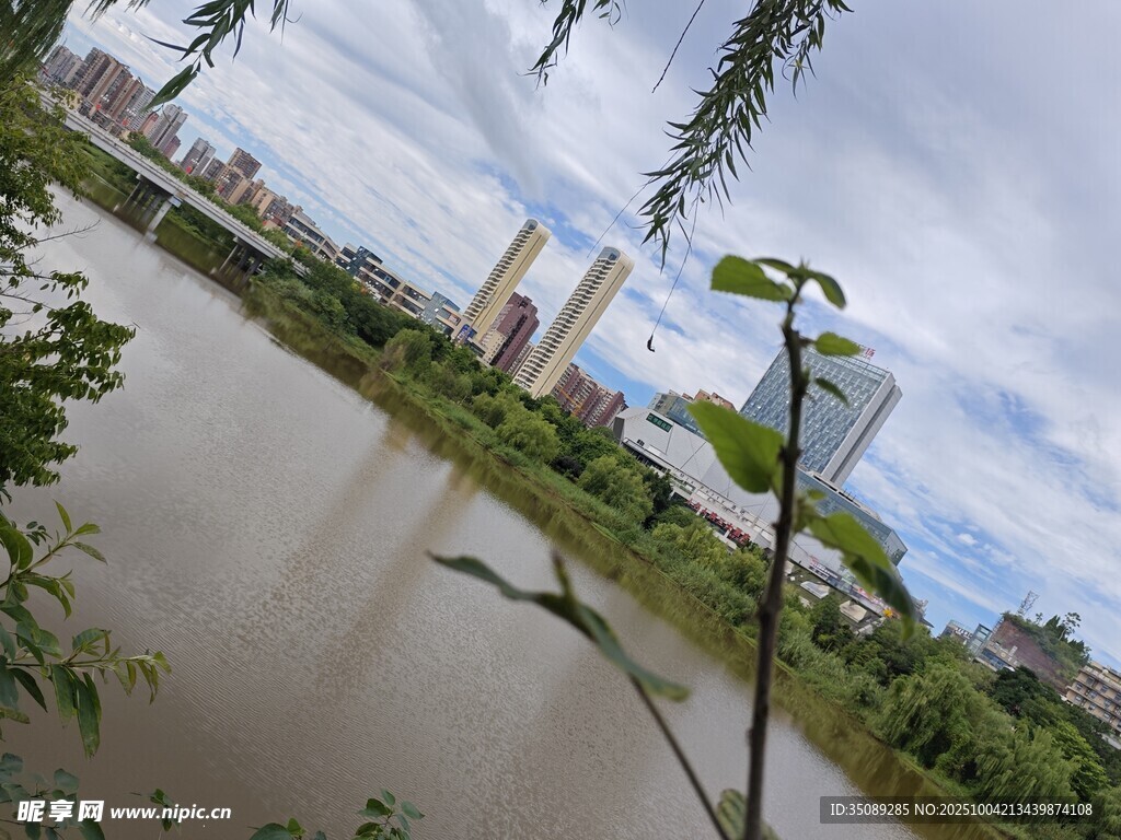 河畔風(fēng)光綠植與高樓相映