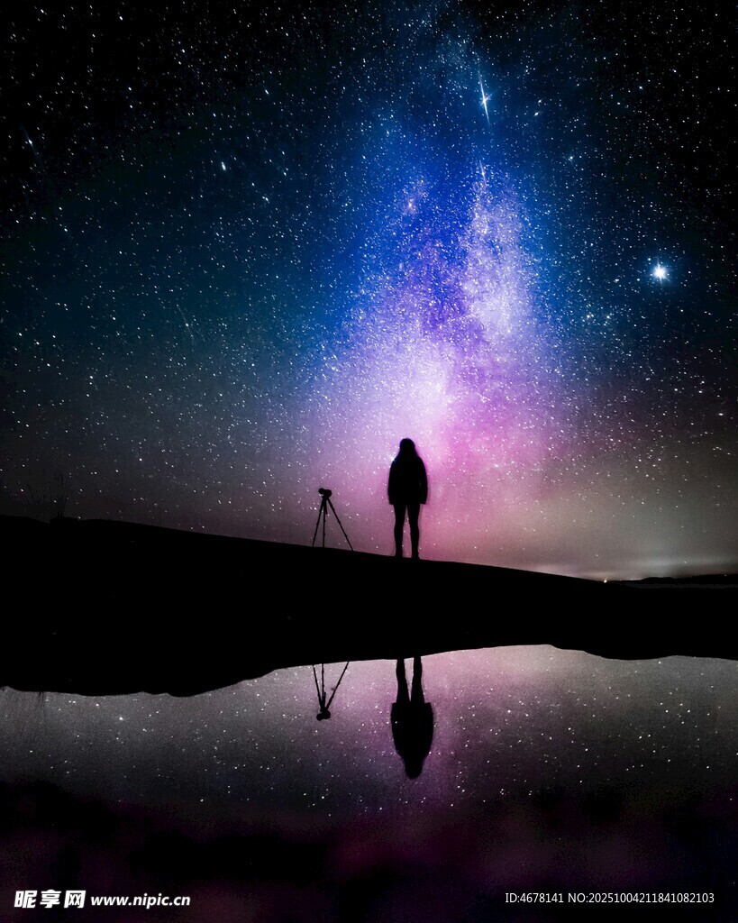 星空下的人影與靜謐湖面