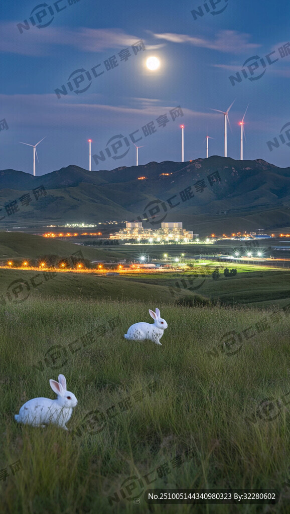 月亮  玉兔  電廠 遠山風電