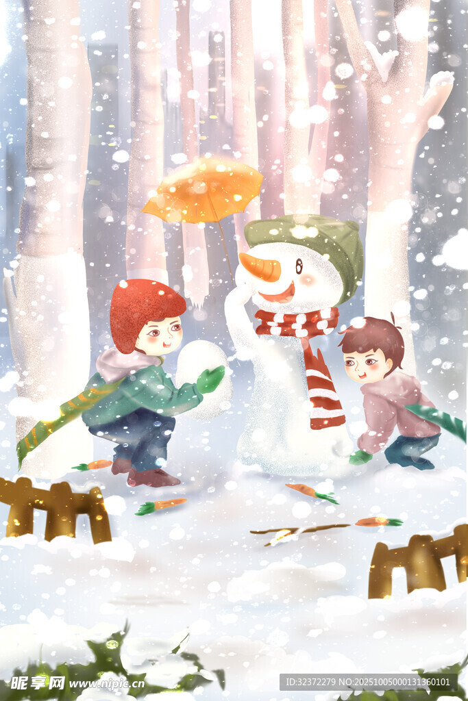 雪地中的兒童與雪人嬉戲