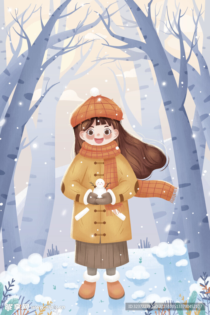 冬日女孩與貓咪漫步雪景