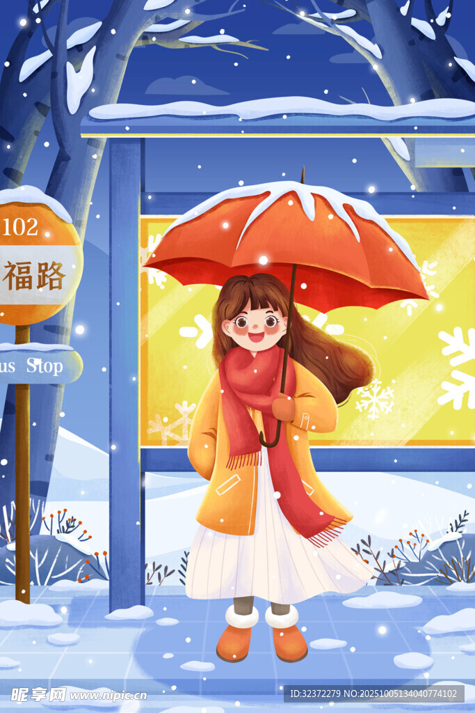 雪中撐傘等車的溫暖女孩