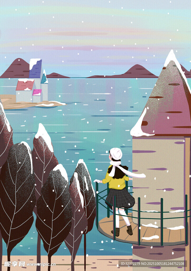 海邊小屋旁的人物風(fēng)景圖