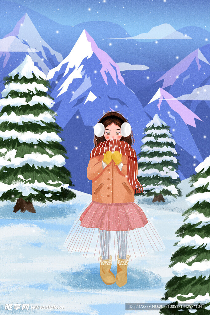 雪地中的可愛(ài)女孩賞景
