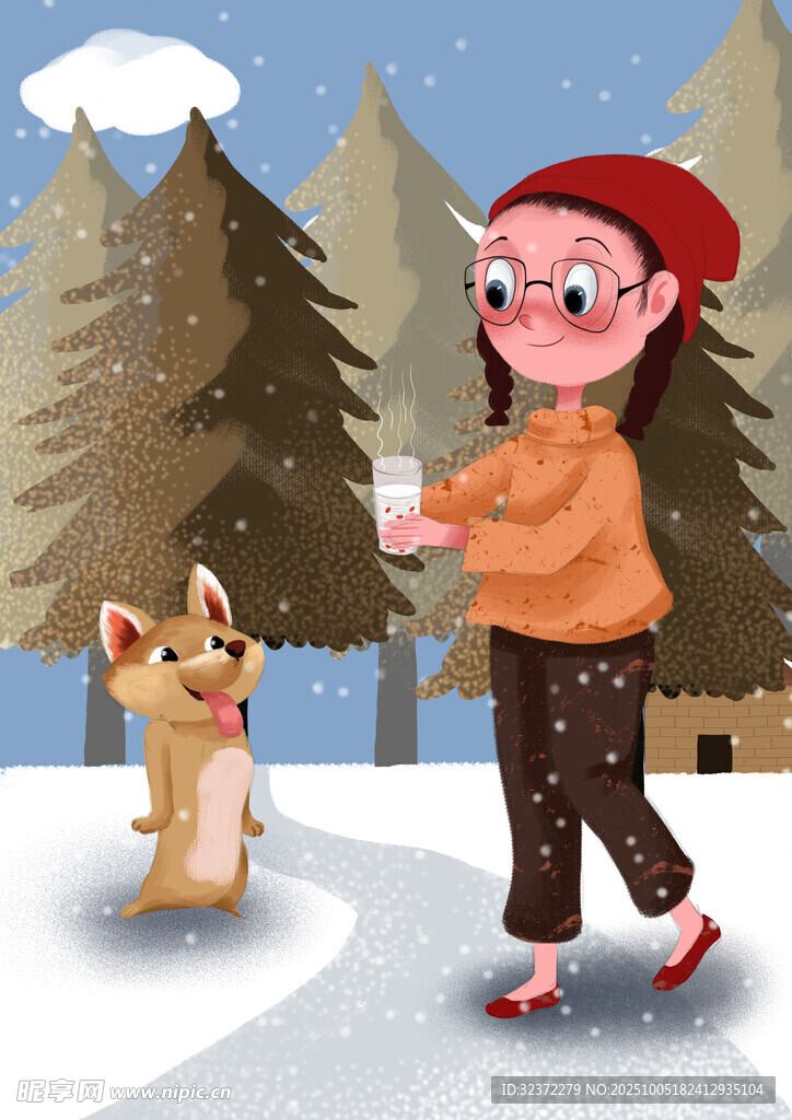 女孩雪地喂狗溫馨場景
