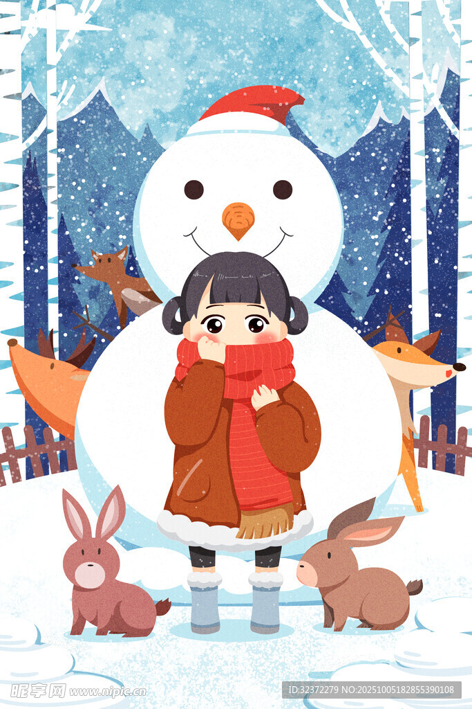 雪地中女孩與雪人兔子相伴