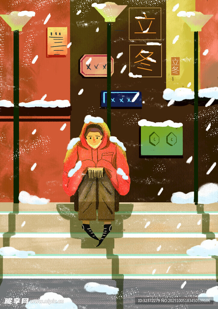 雪天街頭獨坐的背包少年