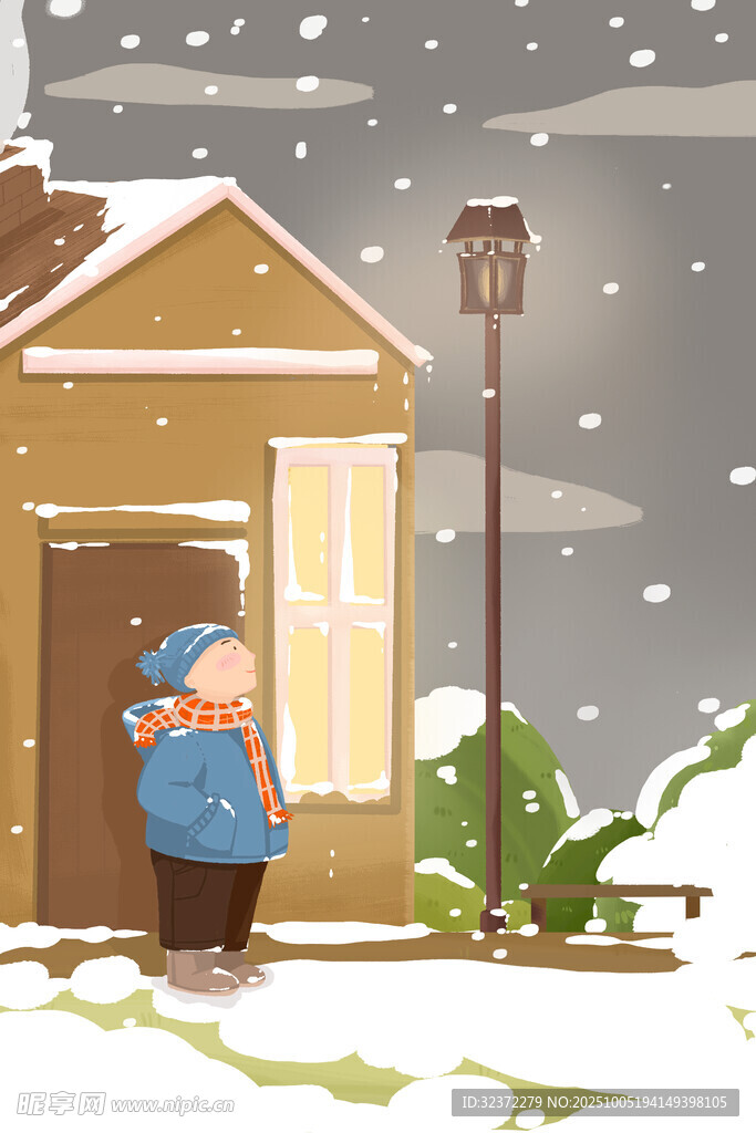 雪天老人站在屋前