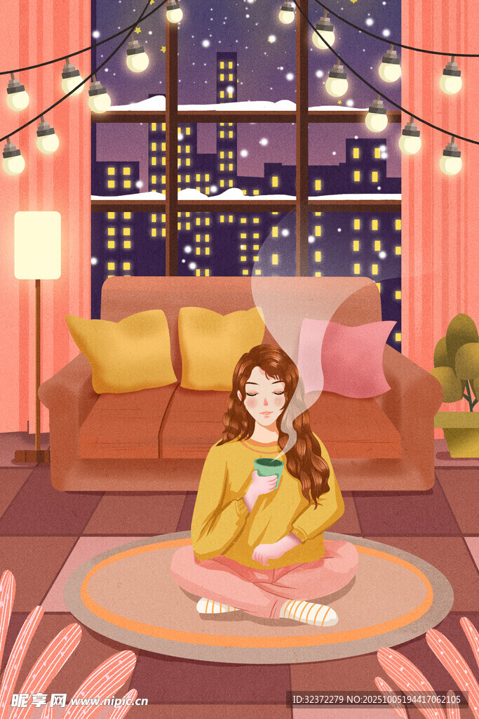 女孩愜意享受獨處夜晚時光