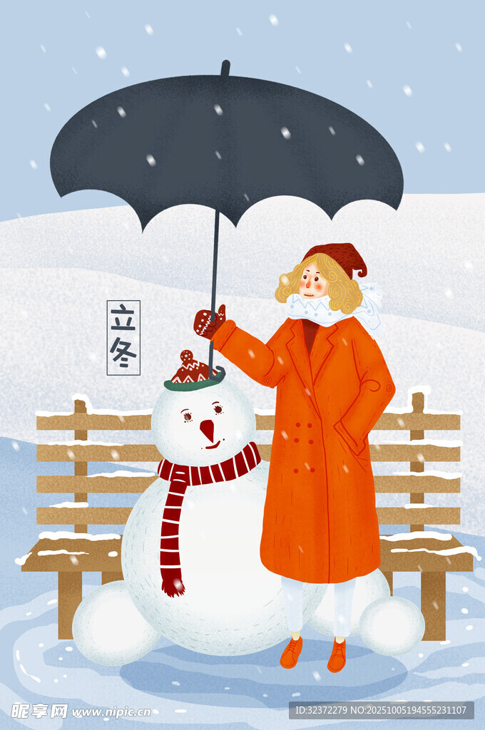女子雪中與雪人同撐傘