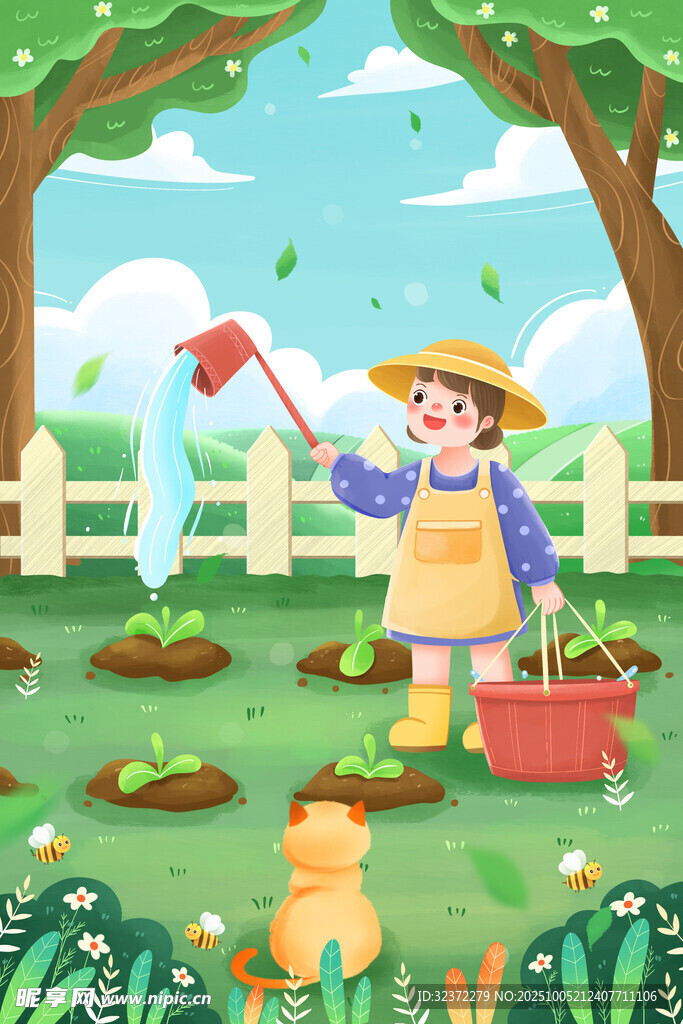 女孩花園勞作歡樂場景