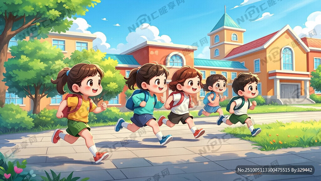 開學(xué)了 一群學(xué)生在校園里奔跑