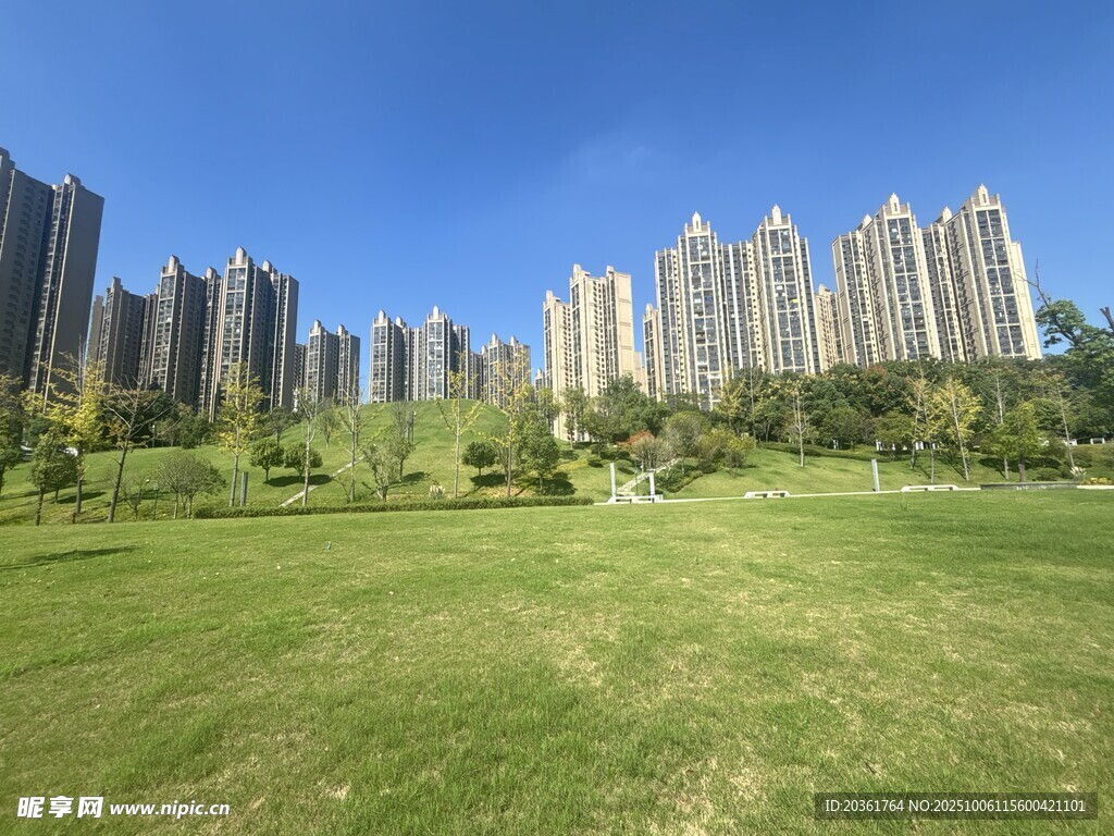 城市綠地旁的高樓景觀
