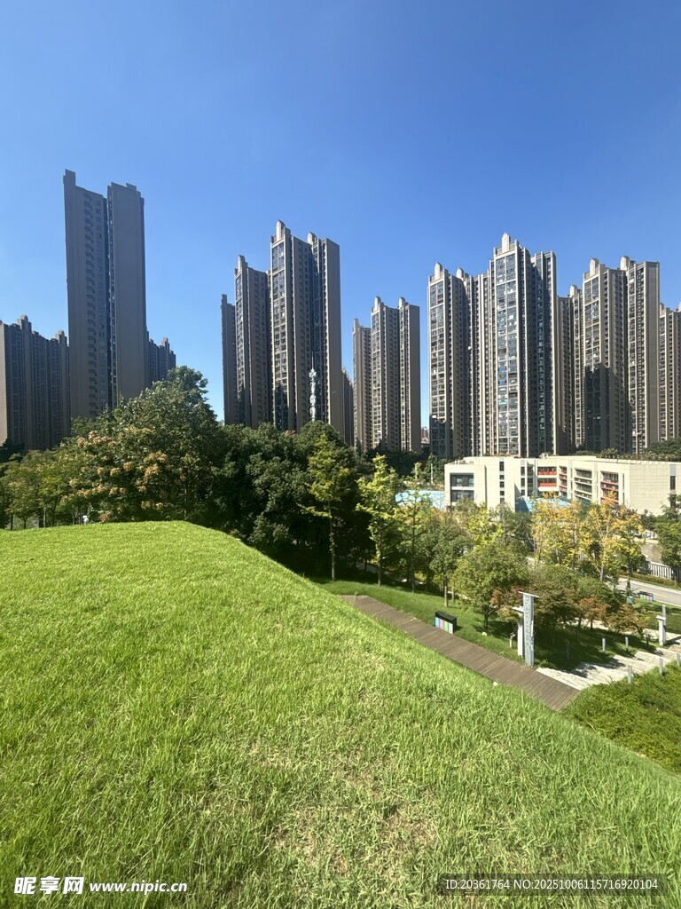 城市綠地旁的高樓景觀