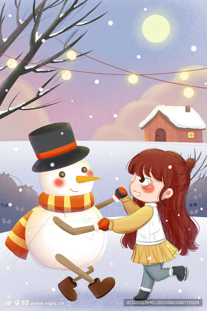 女孩與雪人在雪夜溫馨互動(dòng)