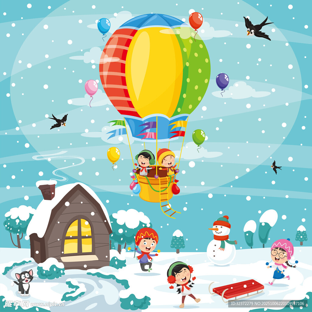 冬日雪地中的歡樂氣球場景